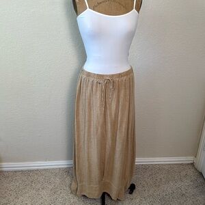 I Love Linen‎ Women's OS Tan Skirt A-Line Tie Elastic Waist Flowy Boho